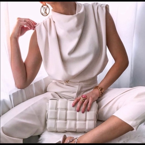 Zara Tops - ZARA CREAM PLEATED TOP ECRU SLEEVELESS HIGH NECK